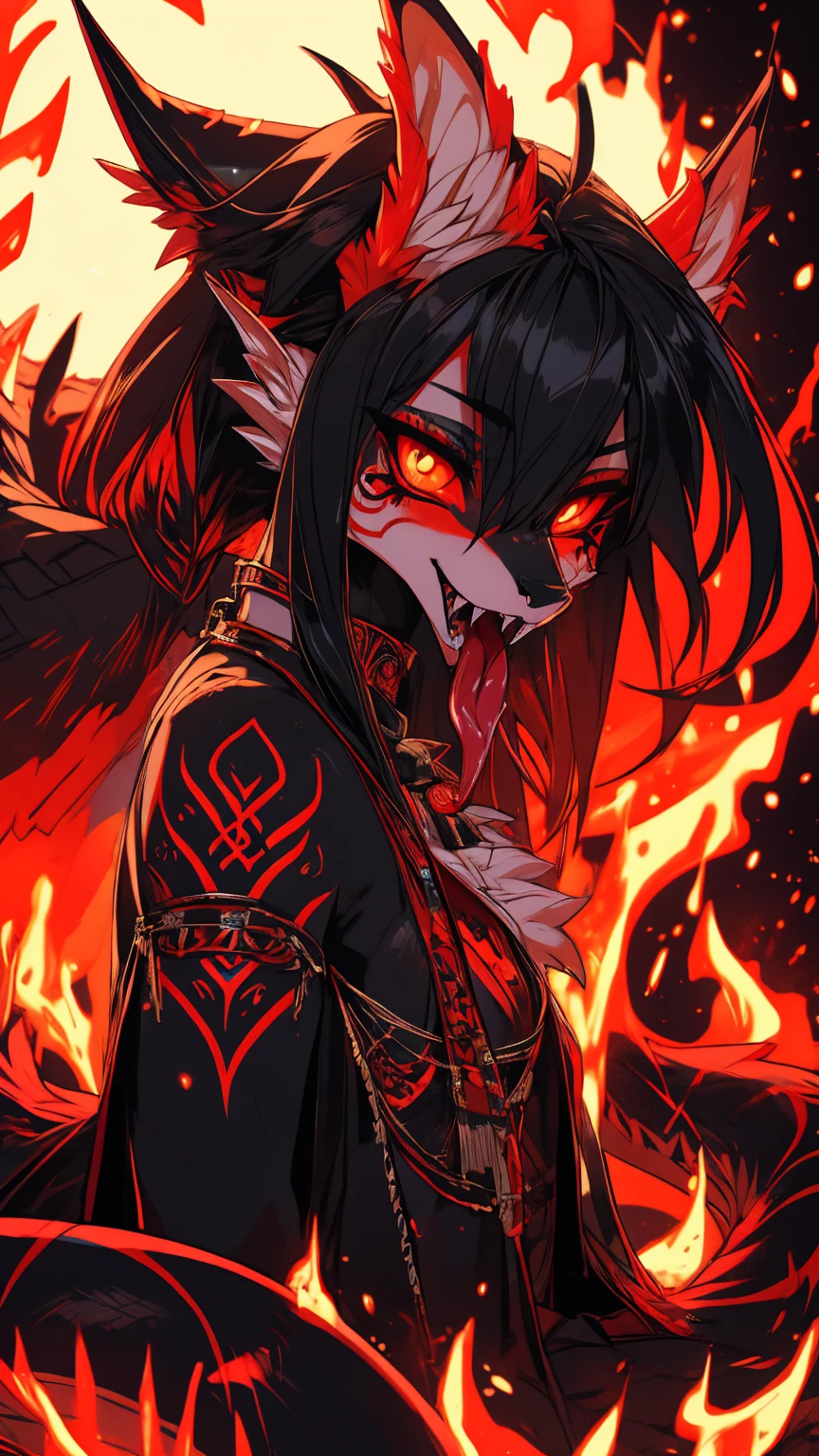 Miku Hatsune, add high definition_detail:1, blue fur,kitsune ears, tribal tattoo add_detail:1, in hell add_detail, diabolic girl, batwigns add_detail Ferocious fangs, sharp fangs, Demon yokai kitsune, long snake tongue add_detail:1