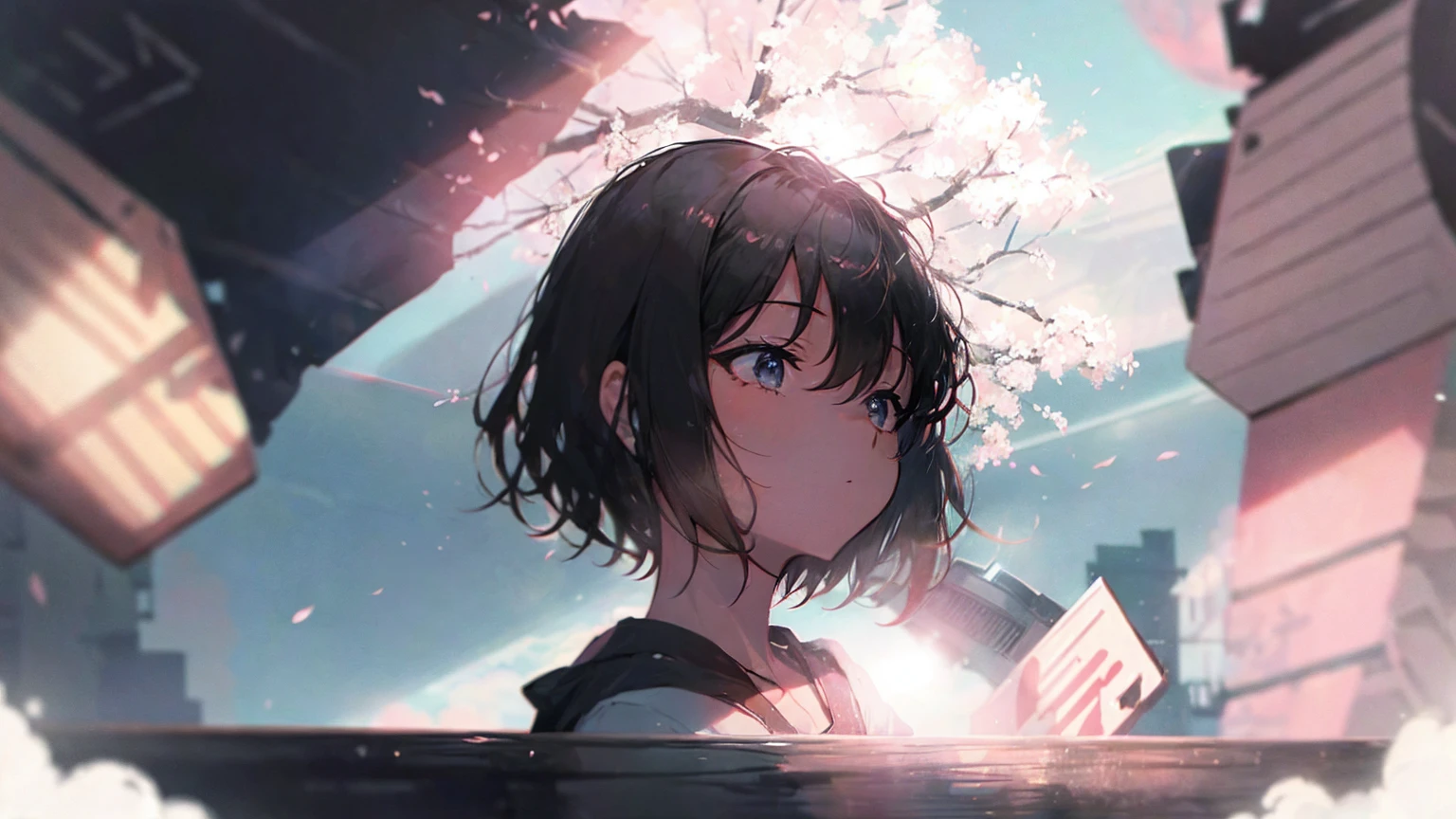 cherry blossomsの中の少女の商品イラスト,cherry blossoms,water,Black Hair,Short Bob,White skin,Pale complexion