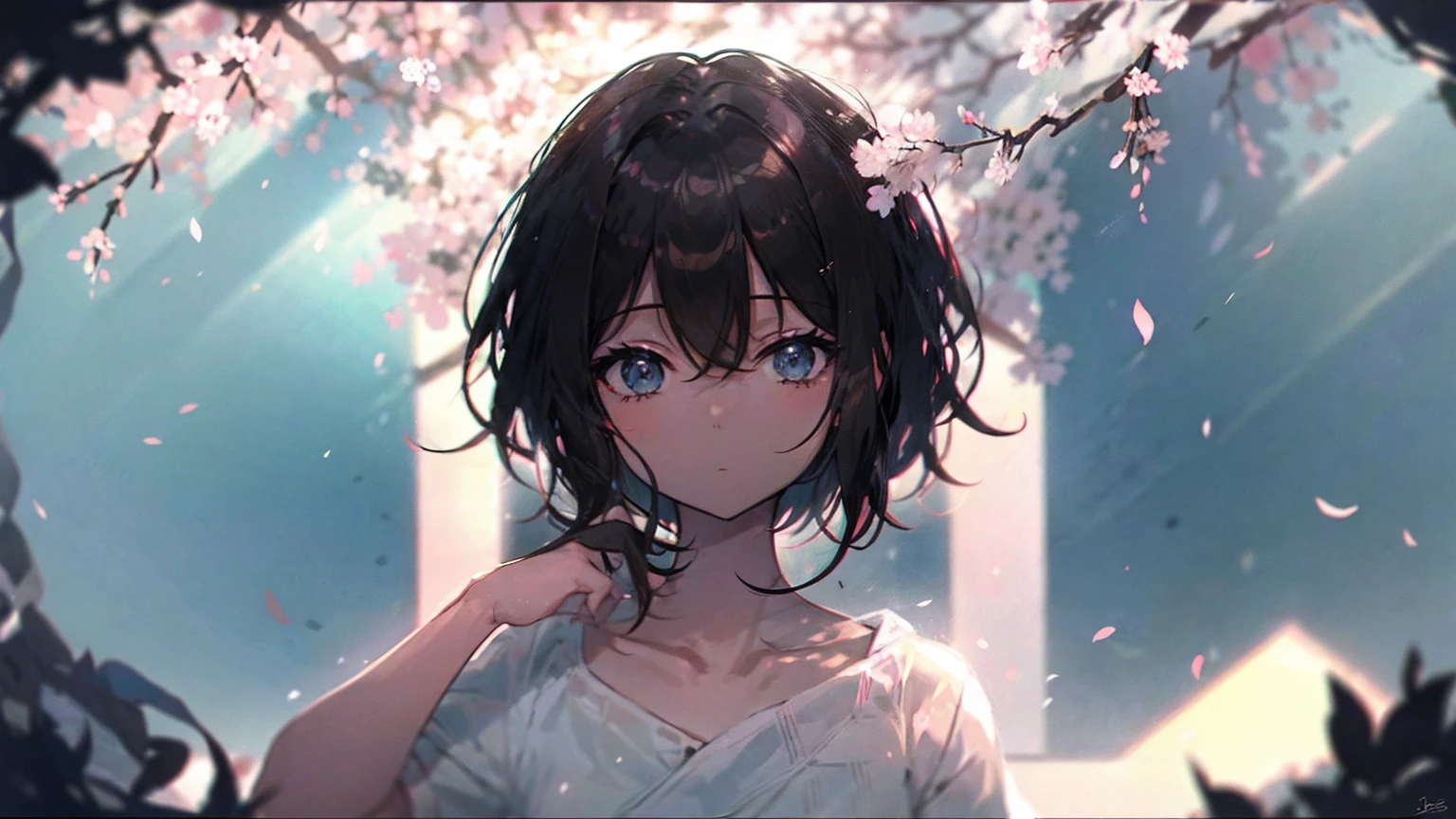 cherry blossomsの中の少女の商品イラスト,cherry blossoms,water,Black Hair,Short Bob,White skin,Pale complexion