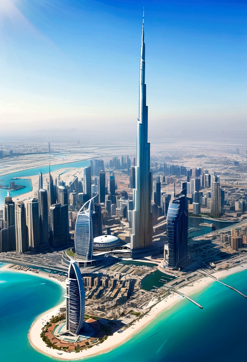 Background of Dubai at noon on a clear day, seen from the sea.