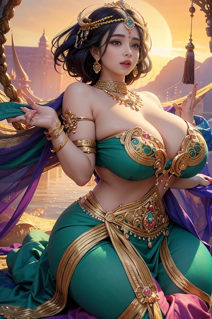 hindu goddesses, gigantic saggy breasts, voluptuous naked body,big round ass, divine beauty, intricate jewelry, vibrant colors, ornate headdresses, multiple arms, graceful poses, serene expressions, divine energy, celestial glow, majestic backdrops, ethereal lighting