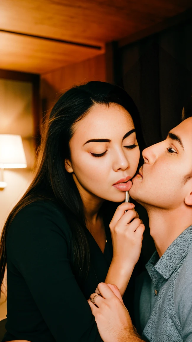 a girl do blowjob with a men in hotal room