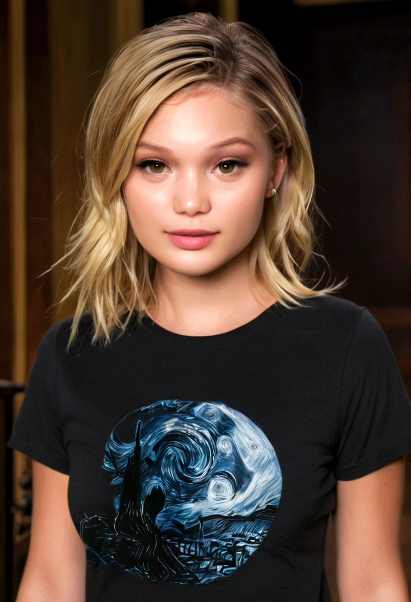 Olivia Holt, (8k, RAW photos, top quality, masterpiece: 1.2), ultra detail, super resolution, (real, real photos: 1.37), plain black t-shirt