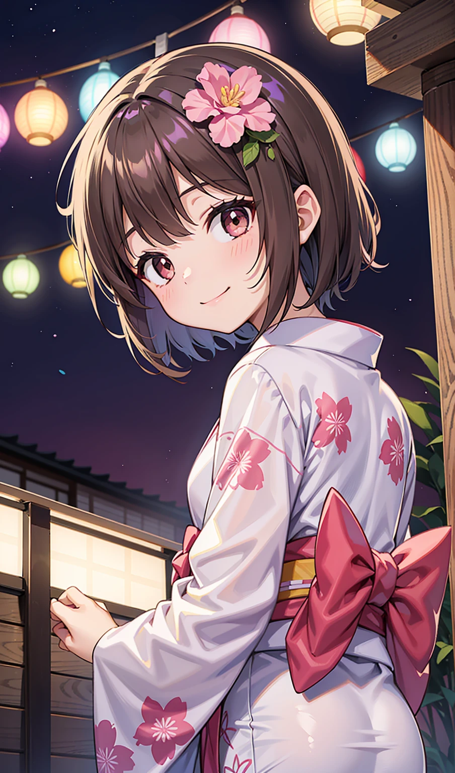 (One girl)、smile、From below、Turn around、Light purple floral yukata、Pink obi、Summer Festival at Night、Dark brown short hair、Dark brown eyes