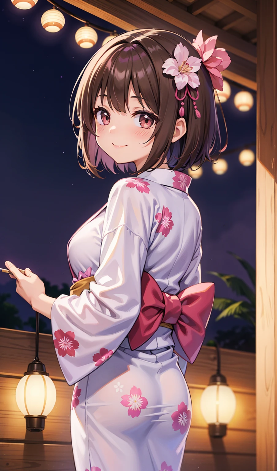 Gao Jiejie,Highest quality,Detailed Background,night,Outdoor,Red eyes,smile,Long twin tails,Brown Hair,Eyebrows visible through hair,Flat Chest,Blue yukata,Cleavage,Nipples,upper body,1boy,vaginale,Sex,cum in pussy,Woman on top,