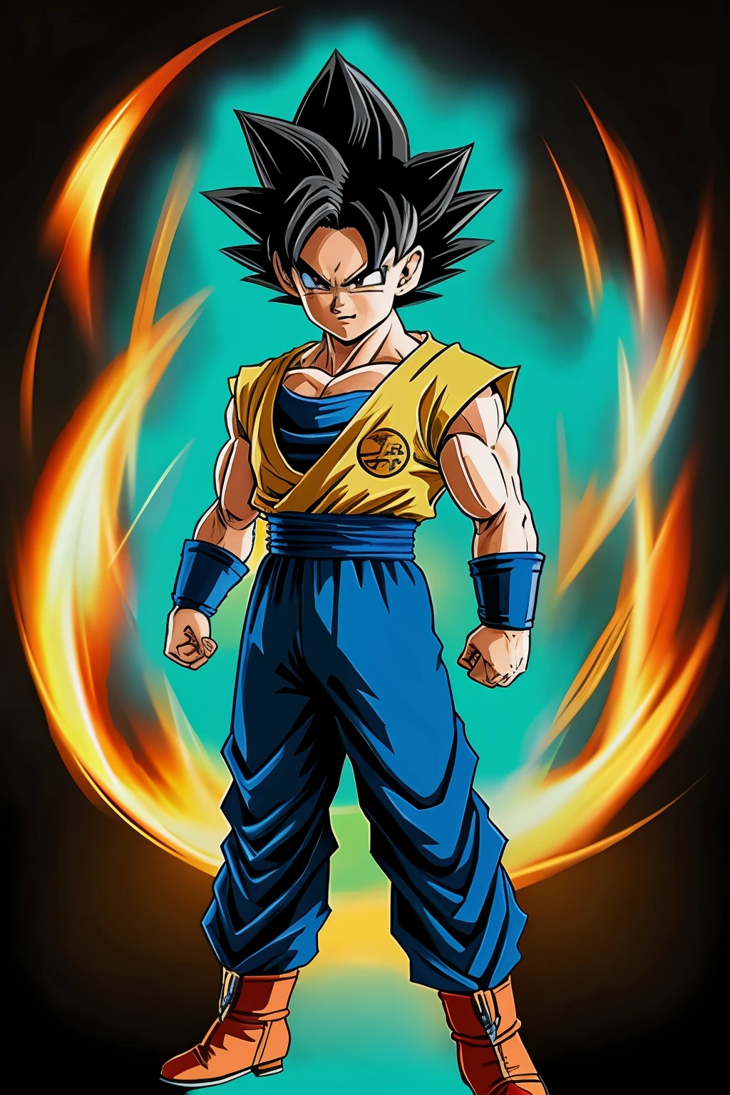 Create a young Dragon Ball character of the Saiyan race. Let the one in the blue suit have longer hair.