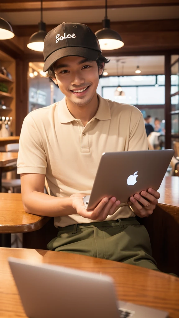 a man on a cozy cafe working Apple laptop in front of him, smile to camera, wearing hat, polo shirt