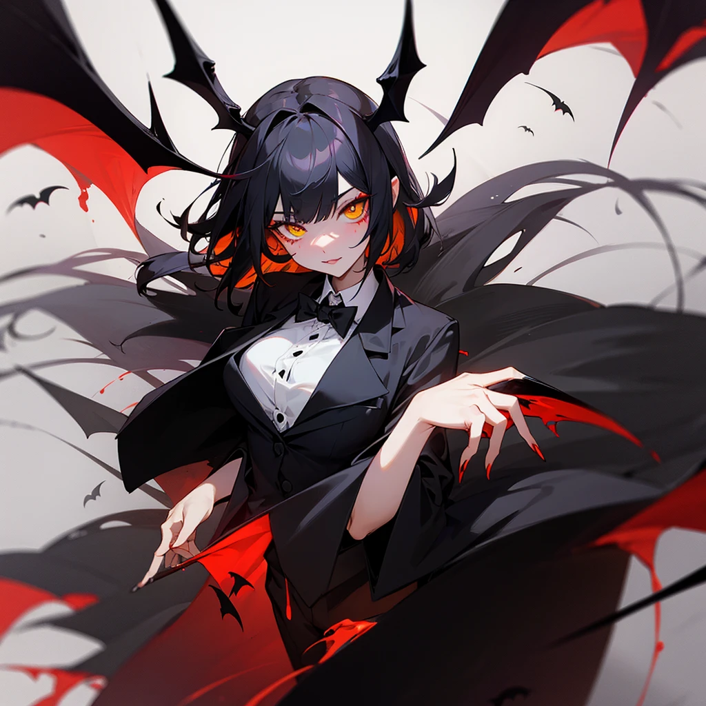 Bat wings, black tie, spider lily, yellow eye, red makeup