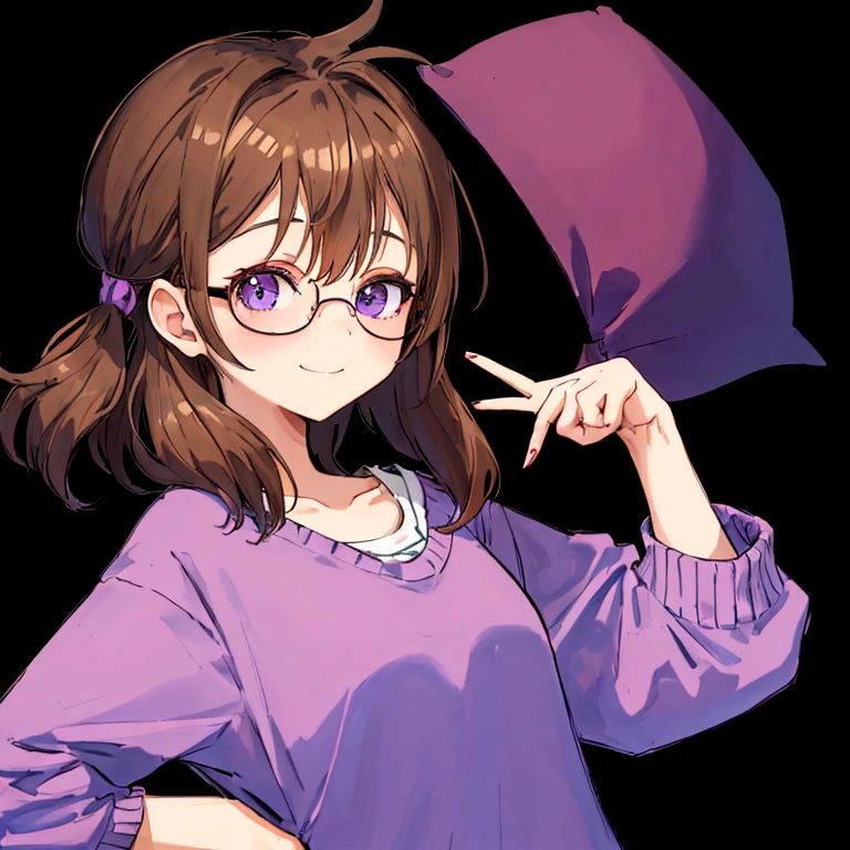 A young girl with glasses and short, flowing brown hair. She is wearing a purple shirt and white shorts. She is standing in front of a black background. Her hair is long and loose to her shoulders. She has brown eyes and red glasses. She has a thin, friendly smile. She has a brown skin
