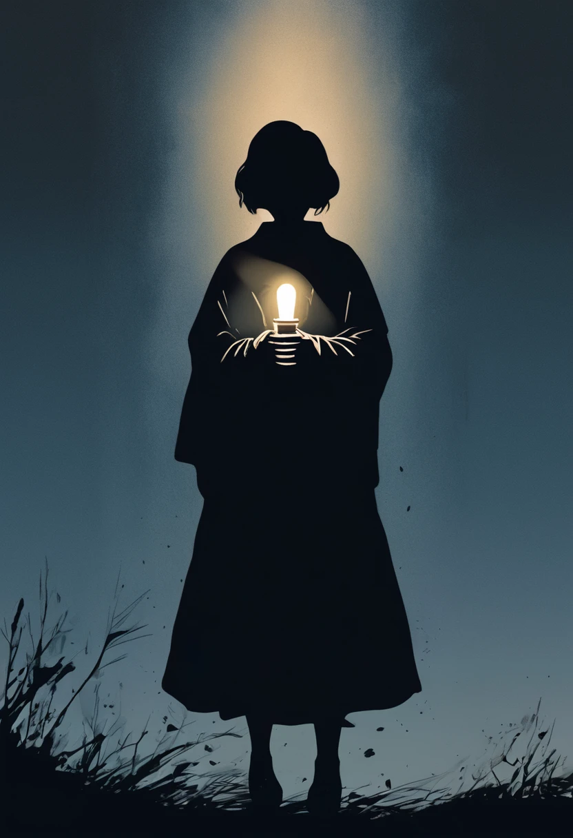 the black silhouette of a woman holding a light in the darkness, symbolizes wounds, depression and trauma, , manga style, digital art, by Marshall Arisman, cover illustration, 70mm, 7 0 mm, 70 mm, book cover illustration, by Brigette Barrager, album cover, novel cover art for a book, art concept for a book cover, cover art, 7 feet tall,