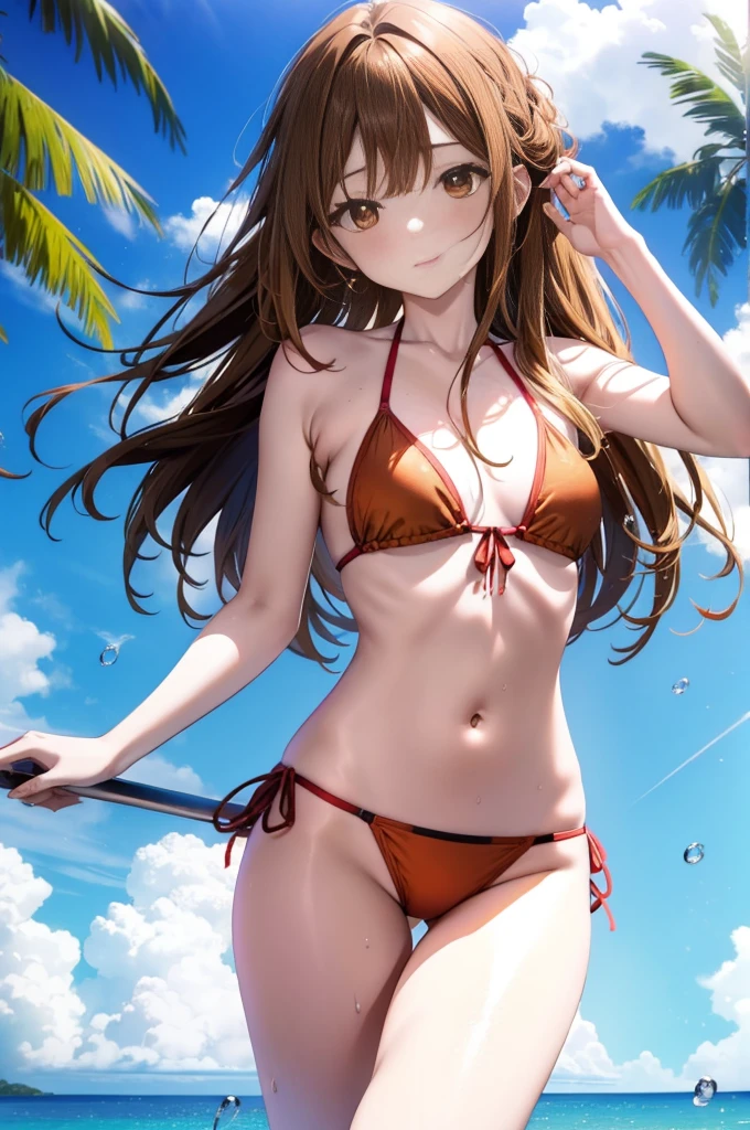 a sun ayuuki, a sun a yuuki, Long Hair, Brown Hair, (Brown eyes:1.8), Medium Chest,Open your mouth,smile,Red Bikini Swimsuit,barefoot,Water Play,Wet Hair,Wet Skin,Wet swimsuit,slouch,Daytime,Clear skies,Palm tree,True Summer,whole bodyがイラスト入るように,
break outdoors,Beach,
break looking at viewer,whole body,
break (masterpiece:1.2), Highest quality, High resolution, unity 8k wallpaper, (shape:0.8), (Fine and beautiful eyes:1.6), Highly detailed face, Perfect lighting, Highly detailed CG, (Perfect hands, Perfect Anatomy),