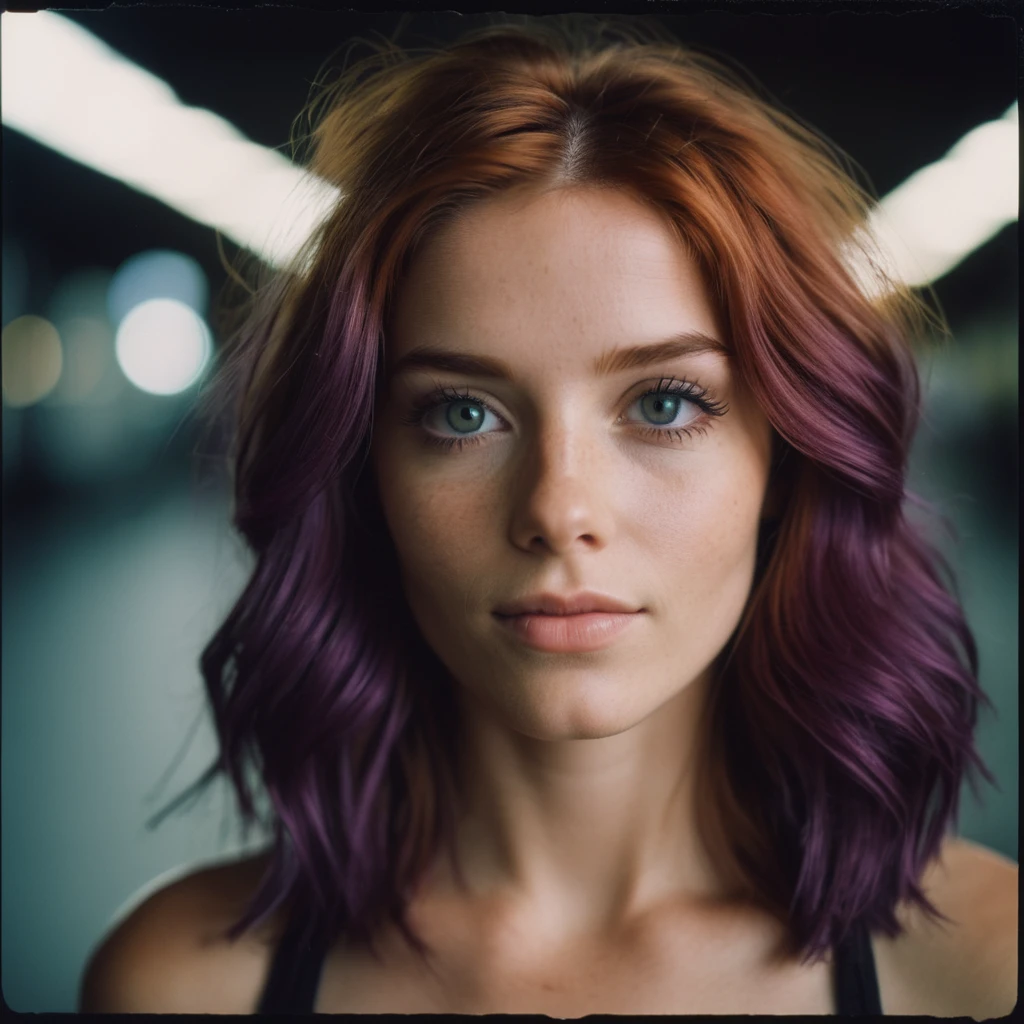 1 woman, inside a city at night, wearing a lilac blouse, feminine red eyes, pale and detailed skin, large breasts, messy medium red hair layered and shaved on the side, dramatic lighting, cinematic composition, dark palette, dark colors, atmospheric haze, thin chin, soft face, serious face, beautiful woman, adult woman, ultra realistic, adult woman, (best quality, 4K, 8K, high resolution, art: 1.2), ultra detailed (realistic, photorealistic, photorealistic: 1.37)