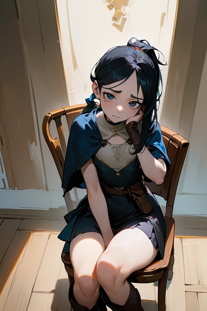 (((((middle age woman))))), masterpiece, ultra detailed, 8k portrait, RAW photo, portrait photography, highly detailed face, ((Fantasy)), 1 woman, (((short woman))), (((sorcerer))), (((((nervous expression))))), (((((sitting on chair and hand between legs))))), (((hunchback))), (((Error-filled face))), 33 years old, (((slutty woman))), (((((pee odor))))), (((bad smell))), (((blacked small eyes))), (((long straight black hair))), (((low ponytail))), ((hide face with long sideburns)), (((white skin color))), (((((deep blue ultra thin dirty one-piece dress and micro skirt))))), ((black cloak)), fluttering in the wind, (((little waist hip pouch))), (((leather boots))))), (((holding a long wood cane))), Midday Sun, hyper realistic, (((flat chest))), (((thick thighs))), Long legs, in the medieval adventurer's guild, Ambient lighting, Shadow details , Camera focus on thigh, strong breeze, Light fog