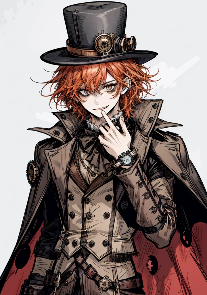 1boy, joker face, praje eyes, smile,watches, steampunk, short orange hair, cape, top hat, 
gear ,beautiful clothes, (high resolution, high detail, best quality), alone, large breast, sfw