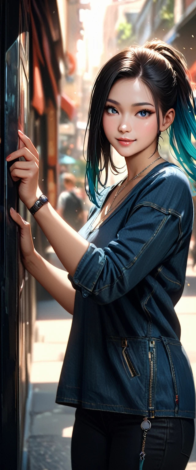 a young woman, 21 years old, alone, caucasian, black hair, cyan gradient hair, multicolored hair, ponytail, two-tone hair, blue eyes, bright smile, I close my eyes, hold my hands out in front of me and scream "Stop!", casual clothing, urban street, thin silver necklace, best quality, 4k, 8k, highres, masterpiece:1.2, ultra-detailed, realistic, photorealistic, photo-realistic:1.37, HDR, UHD, studio lighting, ultra-fine painting, sharp focus, physically-based rendering, extreme detail description, professional, vivid colors, bokeh