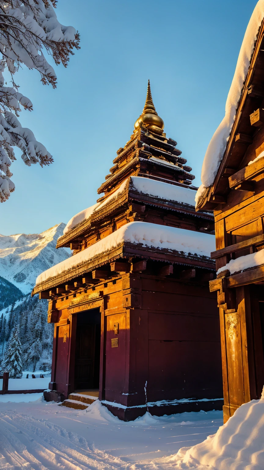 Old hindu temple dark wall colour and beautiful mountain covered with snow and golden sunlight coming from the back of the temple