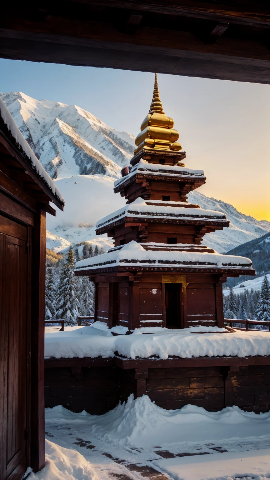 Old hindu temple dark wall colour and beautiful mountain covered with snow and golden sunlight coming from the back of the temple