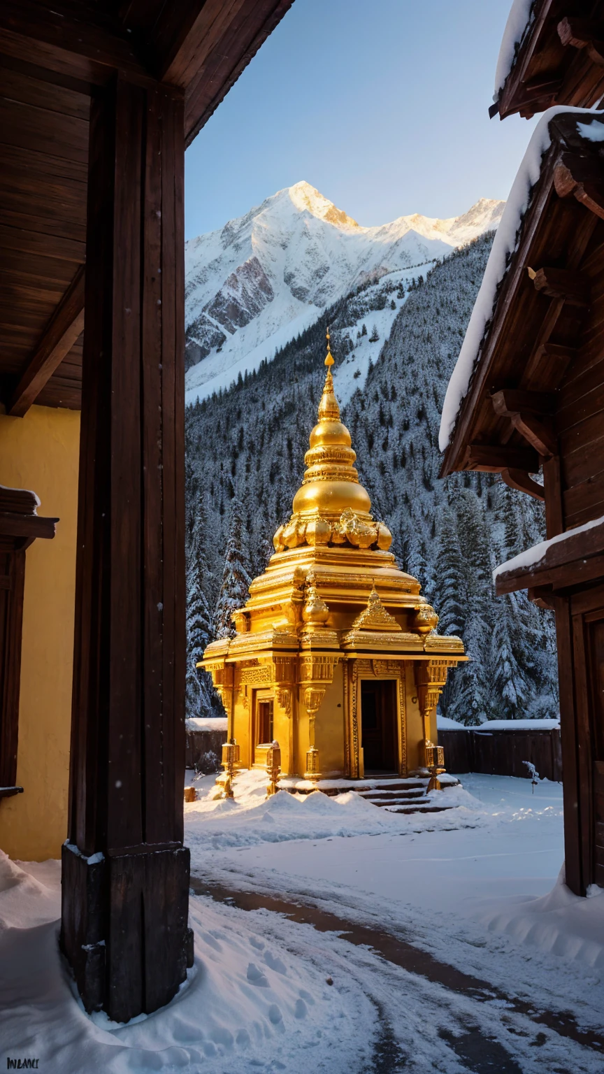 Old hindu temple dark wall colour and beautiful mountain covered with snow and golden sunlight coming from the back of the temple 