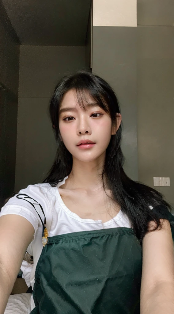 a selfie of young Asian women, (orgasm), sleeping in the bed, wearing dark green apron, eyes rolling upward. taken with iphone camera