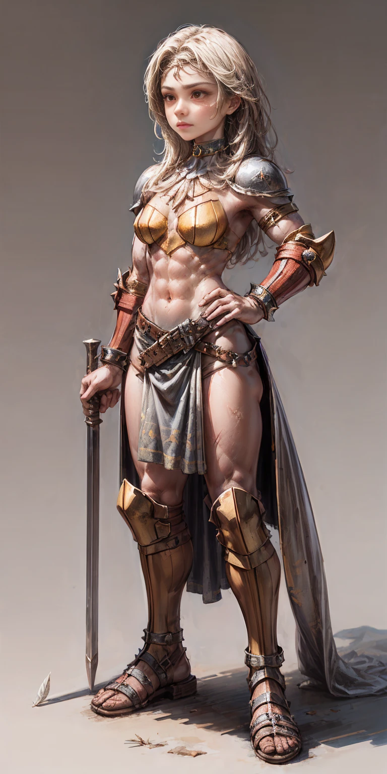 Subject: 1 Solo Female Gladiator Pose: Full body, whole body Standing tall, hands on hips (conveying confidence) Feet together, conveying a strong stance View from slightly below, emphasizing her power Clothing and Armor: Loincloth (detailed and well-crafted, showcasing her warrior status) Metal sandals, sturdy and battle-worn Leather choker, adorned with a gladiator emblem or small spikes (optional) Big belt, holding additional weapons or pouches (optional) Bracers on forearms, for protection Jewelry: Tiara (can be simple and battle-ready, or adorned with feathers or gladiator symbols) Additional Details: Strong, defined muscles Determined expression on her face Optional: scars or other battle marks that tell a story of her victories