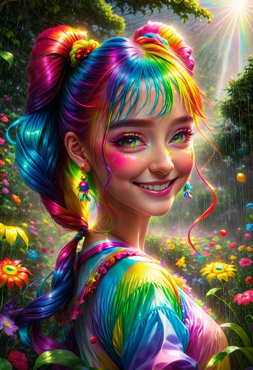 (One girl dancing wildly:1.4)、Long rainbow colored pigtails:1.9、A smiley face with a hint of madness、face is distorted、In a magical rainy garden、Beautiful Magical Girl、Shining morning sunlight、Low Angle Shots:1.75、Close up of a girl、Very detailed、complicated、Photorealistic、8K、HDR、Cinematic lighting、Bright colors、Soft and dreamy