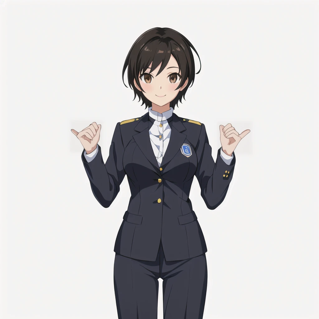 Highest quality, high resolution, High quality anime art style, Official Art, Smooth anime CG art, Stylized anime, Visual Novel Sprites, White background, whole body, Anime-style 3D, Smooth anime CG art, humanoid woman, JRPG Characters, policewoman, Policewoman, Anime woman in a gray suit, smile, Brown eyes, Black Hair, short hair, Age 25,