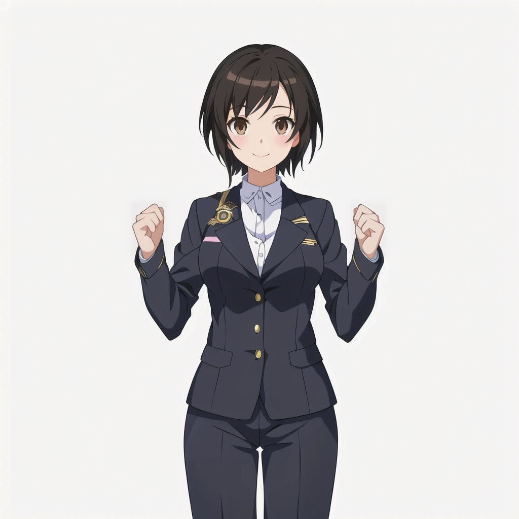 Highest quality, high resolution, High quality anime art style, Official Art, Smooth anime CG art, Stylized anime, Visual Novel Sprites, White background, whole body, Anime-style 3D, Smooth anime CG art, humanoid woman, JRPG Characters, policewoman, Policewoman, Anime woman in a gray suit, smile, Brown eyes, Black Hair, short hair, Age 25,