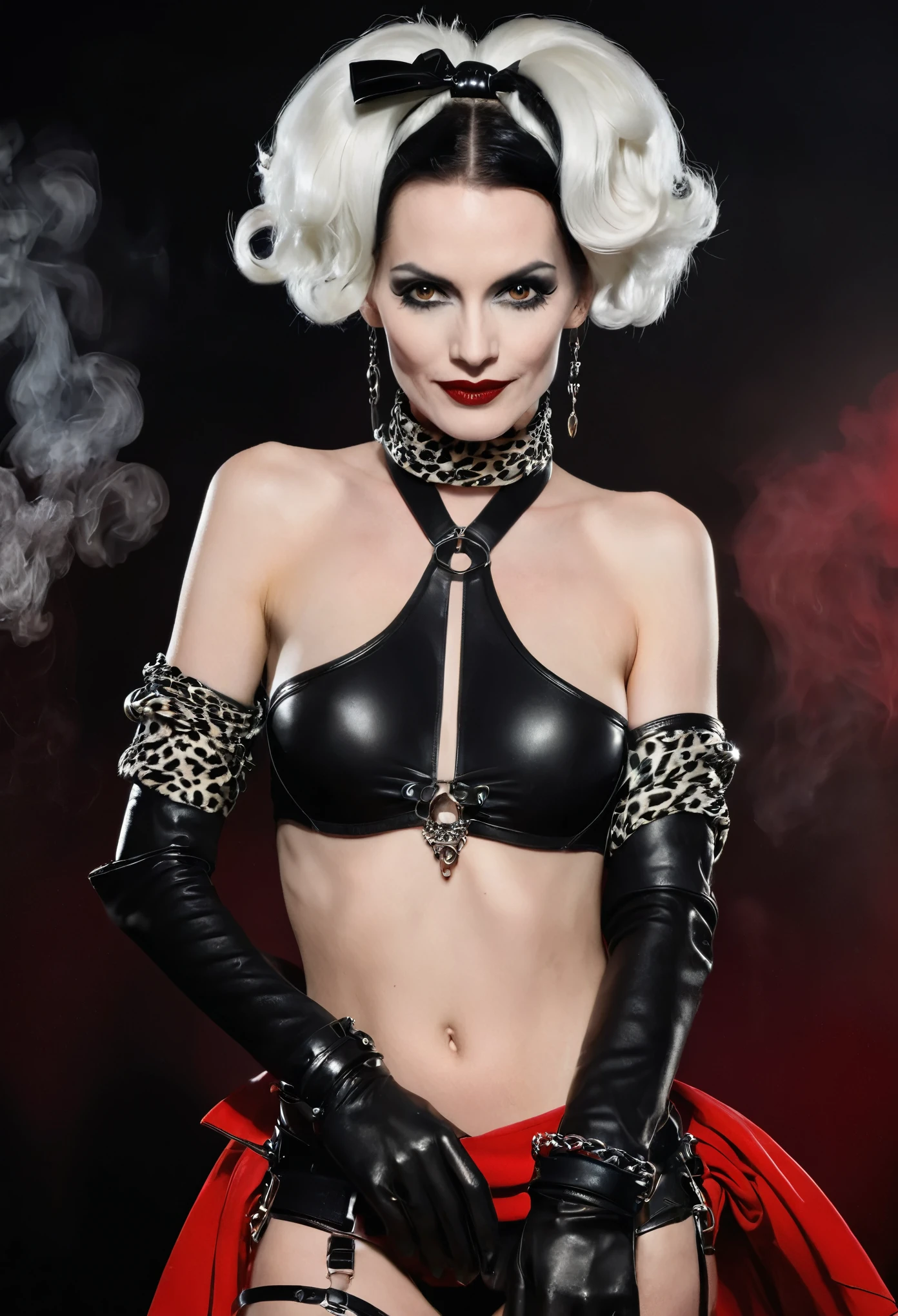 Very thin. Naked sexy Cruella de ville in bdsm style. A very magnificent hairstyle. Shiny steel bracelets on top of black gloves. and Shiny steel bracelet necklaces are on her wrists. She wears a leather harness over her head and face. Leather garters on his feet.. Red, thick smoke in the background.