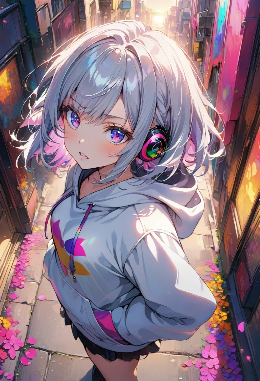((Masterpiece)), ((best quality)), (Anime:1.3), (super detail:1.2), (High Definition:1.3), (Professional Photography:1.3),cute young Girl, (Gazing skyward:1.5), Glossy unruly hair, (loose swept bangs), (silver ash hair), medium hair, big eyes, (Eye bags:1.3), (Long eyelashes), colorful eyes, (frown), Glossy lips, (jagged teeth), ((white hoodie with oversized)), barearms, cute, (hands in pocket), (colorful:1.3), gothic makeup, (walking around the City), colorful petals dance around her, beautiful sunset, wearing headphones, (shoot from side), (from above:1.3),