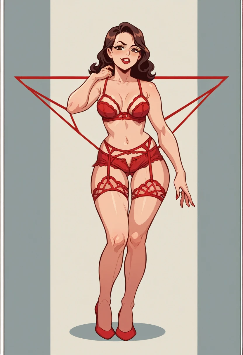  sexy woman in red lingerie posing for a photo, lingerie beauty, wavy lingerie, lingerie, inverted triangle body type, sexy girl, full body woman, wearing sexy lingerie, beautiful seductive woman, flat shorts slender hourglass figure, hourglass figure, cartoon vector style, corpo pin-up, Broad Hips