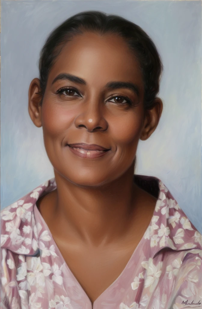 there is a woman who is smiling and posing for a photo, detailed retrato fullcolor, realistic restored face, retrato fullcolor, a fullcolor photo, fullcolor photo, detailed portrayal, digitally painted, inspired by Lois Mailou Jones, fullcolor, painted portrait, inspired by Maria Helena Vieira da Silva, real life portrait, fullcolor background, 30-year-old woman from cuba