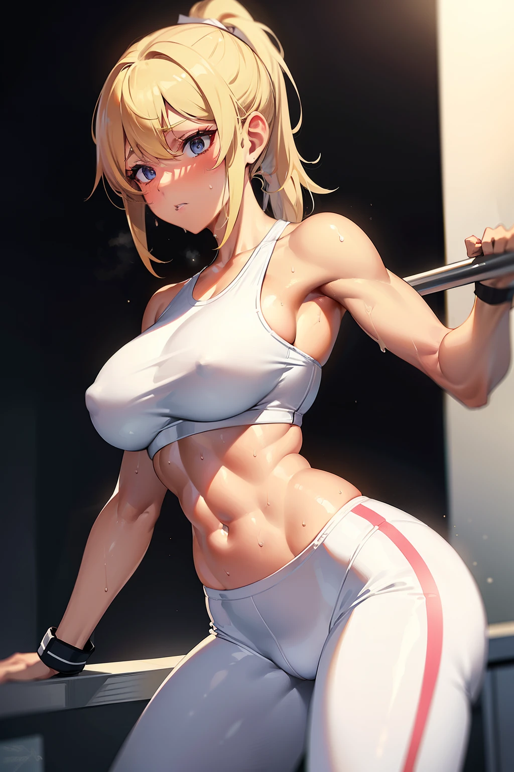 gym, exersice, one adult woman, workout, hot, sweating, sweaty, tan, medium , lifting, yogapants, white yogapants, white pants, white clothes, blonde, ponytail, lean body, blonde, blonde hair, woman, white pants, one girl, cool, medium breasts, muscular, stern look