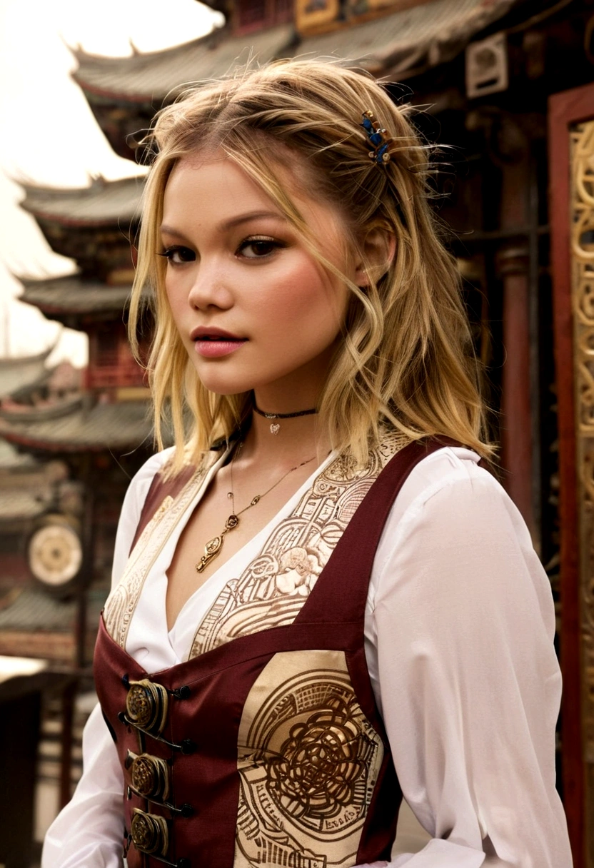 Olivia Holt, (best quality), girl,oriental detailed background, oriental cityscape, steampunk, miko