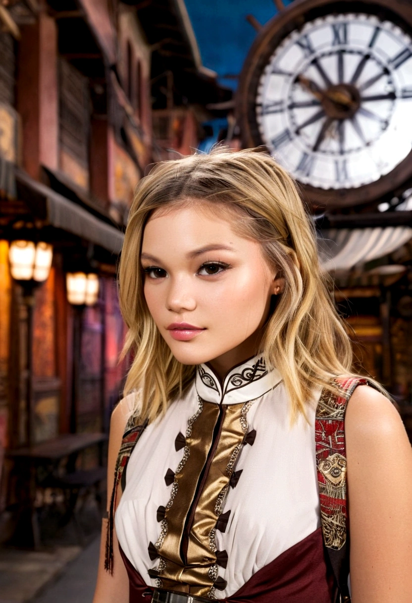 Olivia Holt, (best quality), girl,oriental detailed background, oriental cityscape, steampunk, miko