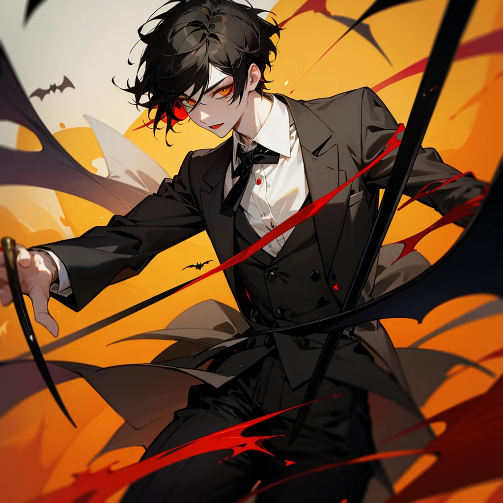 Bat wings, black tie, spider lily, yellow eyelids, red makeup, young man, short black hair, sword