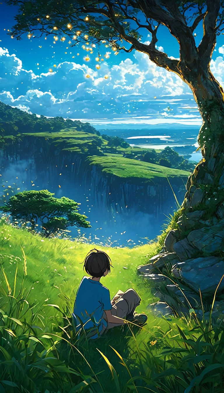 a boy sitting under a tree near a cliff in a meadow , seeing a vast blue sky with fluffy clouds and brush strokes , tall grasses stones, , makoto shinkai cyril rolando, anime art wallpaper 4k, anime art wallpaper 4k, animated background, anime art wallpaper 8K, animated background art, Anime Landscape Wallpaper, amazing wallpaper, HD wallpaper, 4k anime wallpaper, 4k anime wallpaper, Aries Moross art,art by Bob Byerley , AshleyWoodArtAI, greg rutkowski(brokeh effect)(bright blue sky)(shinning dots)(glowing fireflies) night 