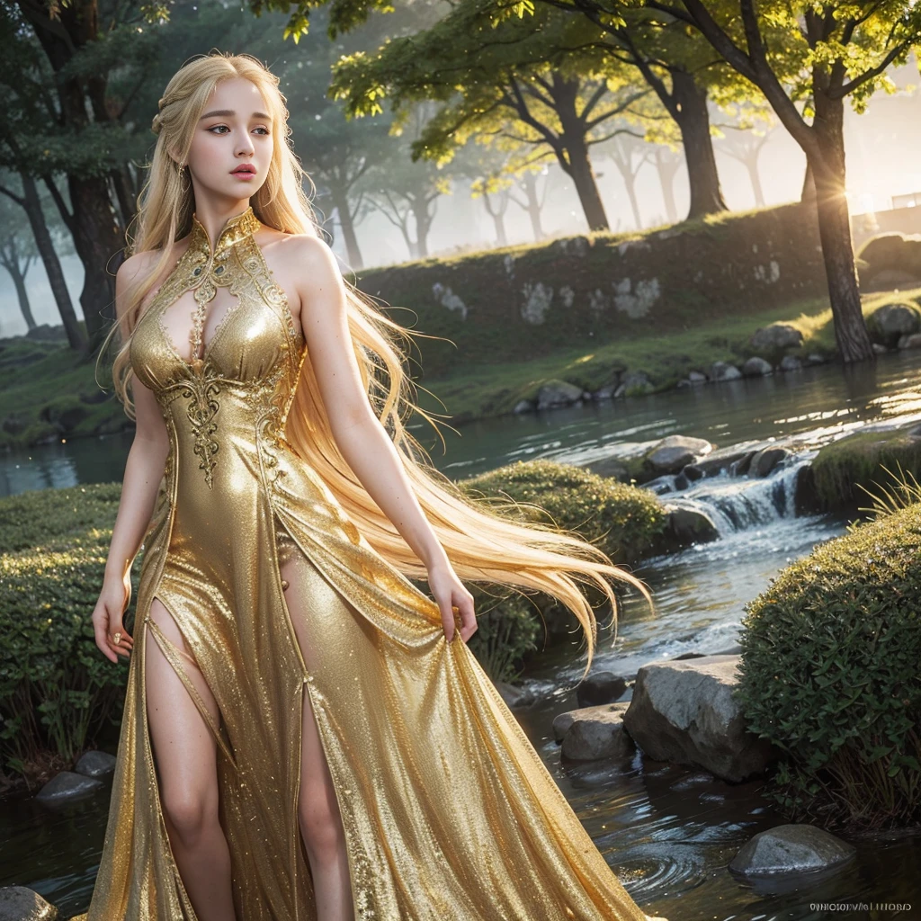 HDR 10, beautiful girl, detailed eyes, detailed lips, very long hair, golden hair, ultra detailed texture, water drops, outdoors, game of thrones, golden heavy dress, (high detailed golden dress:1.5), lace, loops, soft lighting, attractive poses,