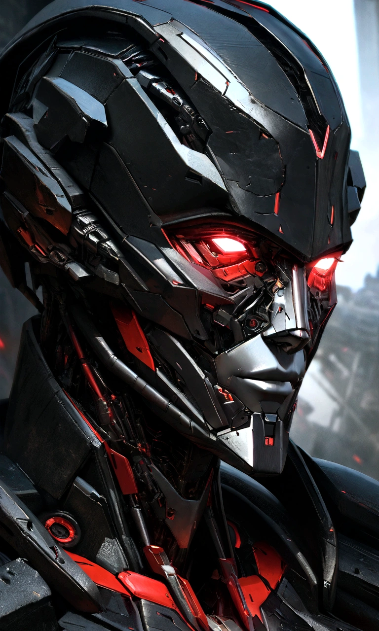 Sharpened man in black and red metallic armor with hood, detailed portrait of a cyborg, close-up portrait of cyborg, portrait of a futuristic robot, male cyborg military commander, attractive science fiction face, masculine appearance, portrait of cyborg, Futuristic Setting, portrait of a cyborg, cyborg portrait, portrait of a cyborg cyberpunk, male cyborg, in metallic black futuristic armor, olpntng style, Portrait of the gynoid robot Samus in Wasteland, perfect composition, beautiful detailed intricate insanely detailed octane render Tendências no ArtStation, 8k art photography, photorrealistic concept art, soft natural volumetric cinematic perfect light, Bright dark, rewarded photography, work of art, oil on canvas, perfect composition, beautiful detailed intricate insanely detailed octane render Tendências no ArtStation, 8k art photography, photorrealistic concept art, futuristic setting, soft natural volumetric cinematic perfect light, darkness background