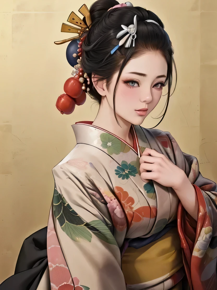 ((masterpiece、Highest quality、Very detailed、High resolution、Realistic、Sharp focus))、Mid Shot、Focus on the chest up、 One Girl、Oiran、Japan、short hair、((Beautiful dark eyes))、Black Hair、Blunt bangs、Updo、Chignon、hairpin、たくさんのhairpin、hair ornaments、Upper Body、kimono、kimono、Compensate、Japanese paper background、Detailed depiction of the hand、View your viewers