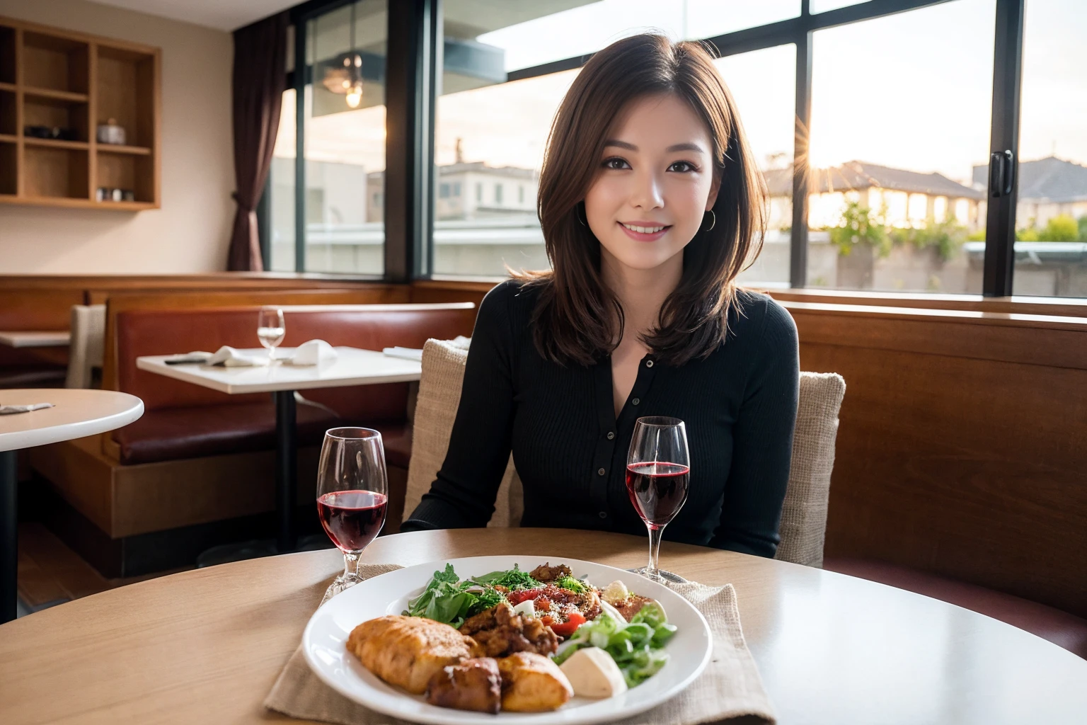 ((Highest quality、8K、masterpiece:1.3))、slimカップル、modelカップル、(Realistic, Intricate details:1.2), full-course dinner、Wine Party、Amazing view of the sunset sky and clouds、A bright smile、The wonderfulness of smile、Bright image、The beauty of wine, Beautiful Face, blue eyes, The light shines on your face, Blushing, short hair,Bright Face、 (Age 37), 39 years old, red wine 、Appetizers、Italian food、Wine bottle、Champagne、sparkling wine、Two beauties、Brown Hair、Shortcuts、Long sleeve shirt、dress、Beautiful woman 1, (slimな顔), (The body is slim), (Brown Hair), (Shortcuts), cheeks turn a little red,Attractive beauty、restaurant, In a prominent place (From the waist up) Nova Frog Style, actress, model, Upper Body, White wine, slim, wine glass, 中央に置かれたwine glass, smile, (smile: 1.15), Beautiful fine grain, Depth f/2,saturation, High Contrast, Strong light and shadow,Moist Body:1.5、3D texture、Delicate eyes、Brown Hair、The hair is very shiny、