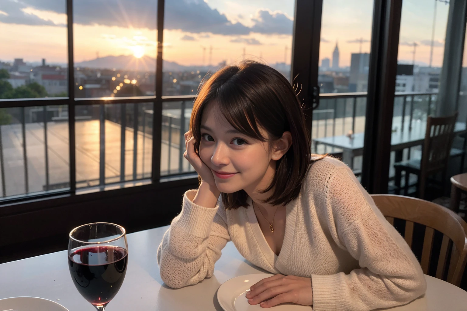 ((Highest quality、8K、masterpiece:1.3))、1 male 1 female、Satomi Ishihara、 years old、Slim Beauty、Pink Couple、smile、 (Slim face), (the body is スリム), (Brown Hair), (Shortcuts), テーブルのフルコースディナーとwine glass、Amazing view of the sunset sky and clouds、smileの美しさ、Wine bottle、sparkling wine、Long sleeve shirt、dress、White wine, red wine, wine glass,