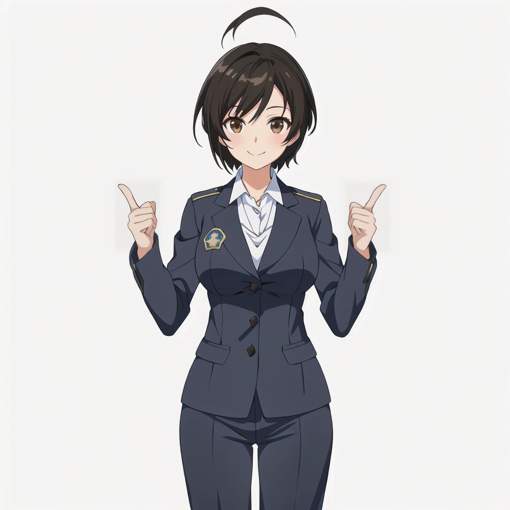 Highest quality, high resolution, High quality anime art style, Official Art, Smooth anime CG art, Stylized anime, Visual Novel Sprites, White background, whole body, Anime-style 3D, Smooth anime CG art, humanoid woman, JRPG Characters, policewoman, Policewoman, Anime woman in a gray suit, smile, Brown eyes, Black Hair, short hair, Age 25,

