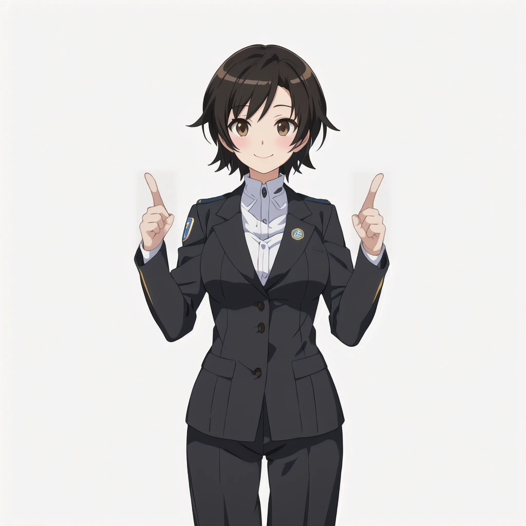 Highest quality, high resolution, High quality anime art style, Official Art, Smooth anime CG art, Stylized anime, Visual Novel Sprites, White background, whole body, Anime-style 3D, Smooth anime CG art, humanoid woman, JRPG Characters, policewoman, Policewoman, Anime woman in a gray suit, smile, Brown eyes, Black Hair, short hair, Age 25,
