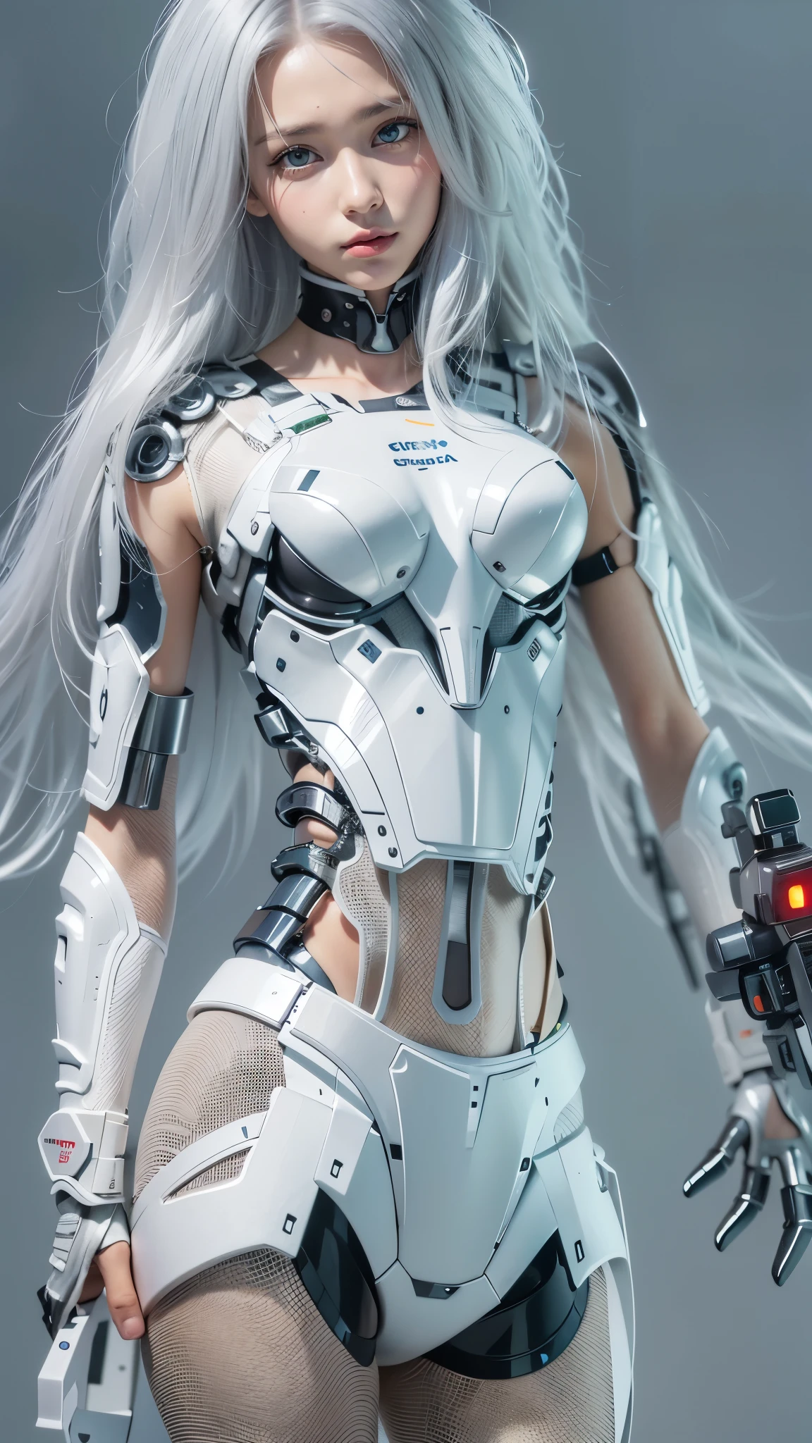 Beautiful Face,face is Japan, 1 Woman, Big, Curvaceous, (16k, RAW photo, top quality, masterpiece: 1.2), (HDR, Realistic, Photorealistic: 1.37) (tube attached to the body), (Bikini Cyborg robot parts)))), (light gray hair), Long hair, Wavy hair, Twin tails, Medium shot, ( Seductive smile)), (black eyes), princess cut,from below,(whole body),posing,,in the lab,( tube connected to blood vessel),((mechanical vertebrae attached to the back)),((mechanical neck attached to the neck)),(wire cable attached to the head and body),(character focus),science fiction,perfect female figure,perfect anatomy,ultraanatomy, Full body shot, up to 4 fingers and 1 thumb relationship,