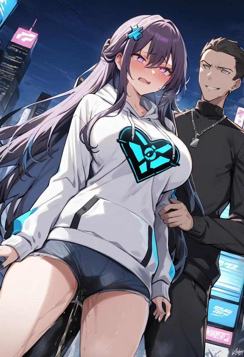 (1girl:1.5), (1boy:1.5), (masterpiece:1.37), best quality, (extremely detailed:1.37), woman, adult, mature, large breasts, (very long hair:1.5), dark purple hair, purple eyes, (extremely detailed eyes:1.37), white hoodie, multicolored hoodie, light blue hoodie, futuristic hoodie, jeans, (desperation:2.0), (wetting: self 3.0), standing, embarrassed, humiliation, blushing, angry, city, futuristic, neon lighting, high-tech, full body