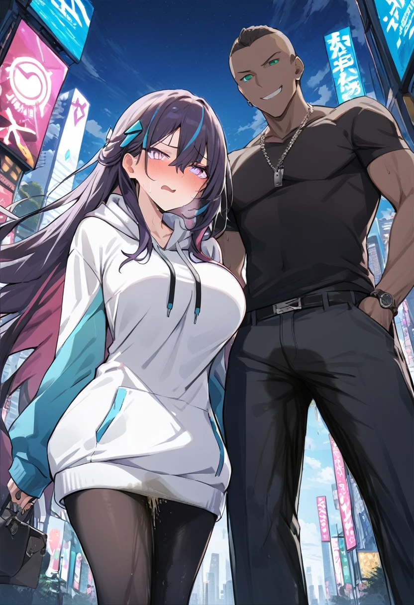 ((masterpiece)),((best quality)),(ultra-detailed),(an extremely delicate and beautiful),detailed backgroud, ((((1woman,tall stature)))and(((1muscular boy,tall stature)))),((((hetero)))),(height difference),(((wrestling ring))), (1woman),((((silver wolf/(Honkai:star rail/)))),(curvy:1.4),(huge breasts), pale skin,shiny skin, long hair,ponytail ,drill hair,hair between eyes, eyewear on head, navel, midriff,((She wears jacket, black jacket, sunglasses, gloves, black gloves, fingerless gloves, shorts,black shorts, shirt, white shirt, choker, crop top, fur trim)),(rolling eyes:1.4),(ahegao),(trembling),clothing aside, ((((hug from behind)))), sex from behind, standing sex, ((((motion lines)))), vulgarity, clothed,(cum in pussy:1.4),cum on clothes,cum on breasts,cum in mouth,cum on hair,(excessive cum:1.4), ((((1muscular boy)))),large penis,dark-skinned muscular boy,interracial,