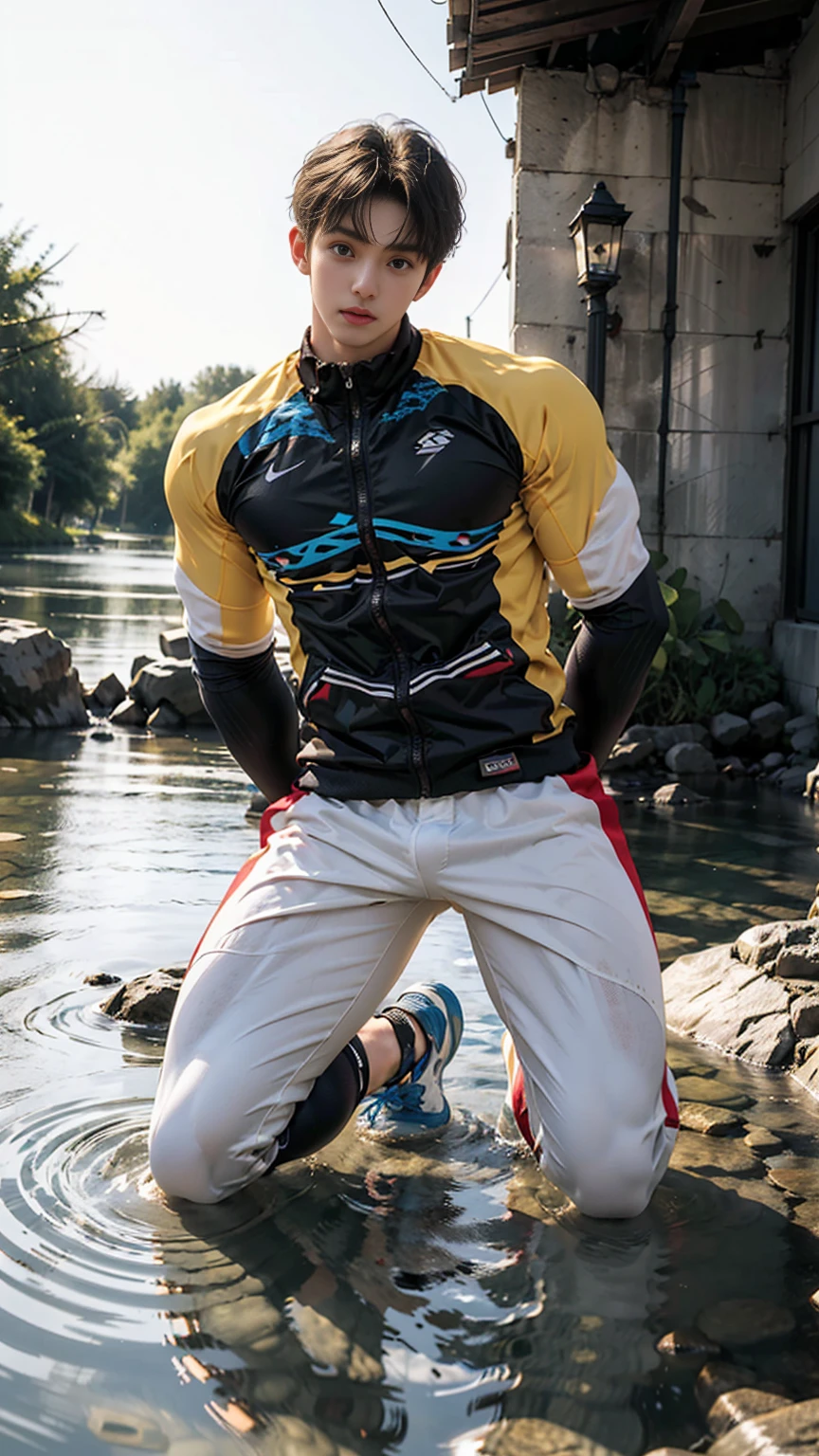 masterpiece,best quality, (A well-built 18-year-old tall boy:1.2), (Kneeling upright in the middle of the stream:1.2),Orange tight cycling suit,male,(Broad shoulders),Muscular shoulders,(Extremely strong body),Muscle ectomorph,Fitness,Inverted triangle figure,Biceps,Highlight muscle texture,(Frontal upward perspective), Muscular body,Small head,(Handsome and cute face),V-Shaped Face,Perfectly detailed facial features,sports shoes,Looking at the camera,An angry and serious expression,leaning back,head tilt, happy, very short hair, brown hair,(looking at viewer:1.2),Wide-angle lens