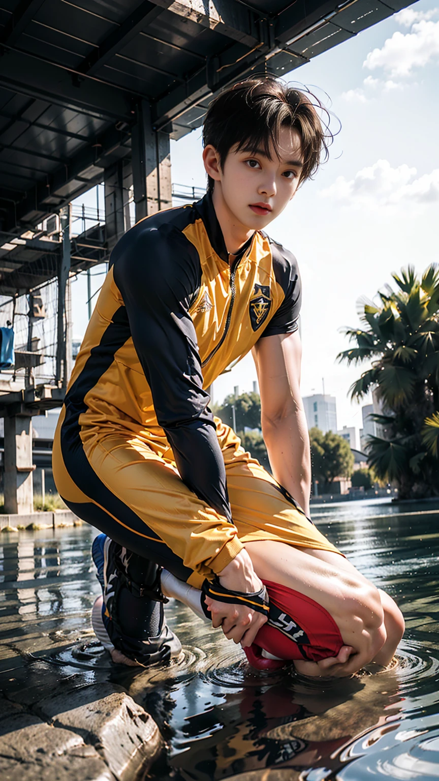 masterpiece,best quality, (A well-built 18-year-old tall boy:1.2), (Kneeling upright in the middle of the stream:1.2),Orange tight cycling suit,male，(Broad shoulders),Muscular shoulders，（Extremely strong body），Muscle ectomorph，Fitness，Inverted triangle figure，Biceps，Highlight muscle texture，（Frontal upward perspective）， Muscular body，Small head，（Handsome and cute face），V-Shaped Face，Perfectly detailed facial features,sports shoes，Looking at the camera，An angry and serious expression，leaning back,head tilt, happy, very short hair, brown hair,(looking at viewer:1.2)，Wide-angle lens