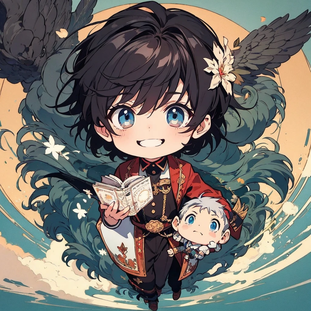 masterpiece , best quality , man , reading , chibi anime man , smile , black hair , suit , solo