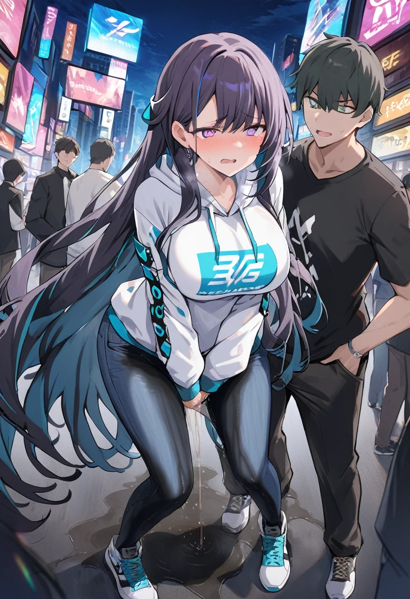 (1girl:1.5), (1boy:1.5), (masterpiece:1.37), best quality, (extremely detailed:1.37), woman, adult, mature, large breasts, (very long hair:1.5), dark purple hair, purple eyes, (extremely detailed eyes:1.37), white hoodie, multicolored hoodie, light blue hoodie, futuristic hoodie, jeans, (desperation:2.0), (wetting: self 3.0), standing, embarrassed, humiliation, blushing, angry, city, futuristic, neon lighting, high-tech, full body